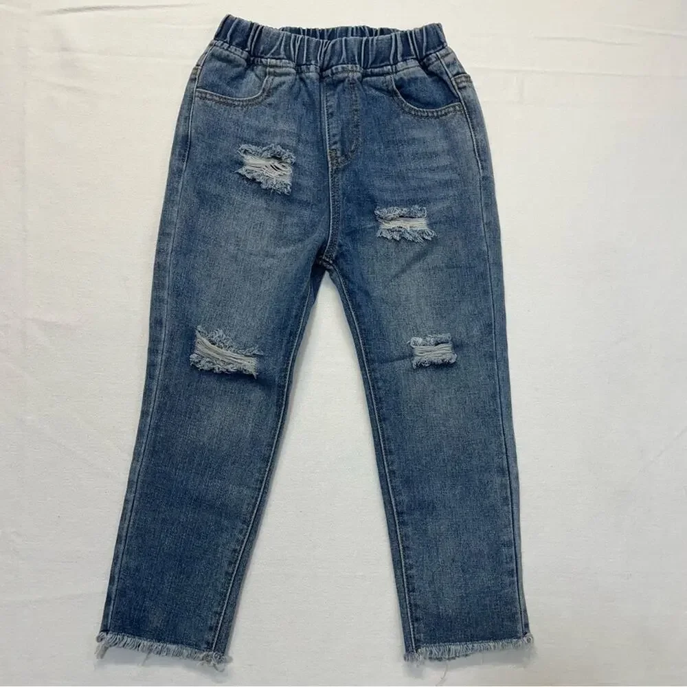 Trendy Littles Girls Distressed Jeans 6-7 Boyfriend Fit Raw Hem Elastic Waist